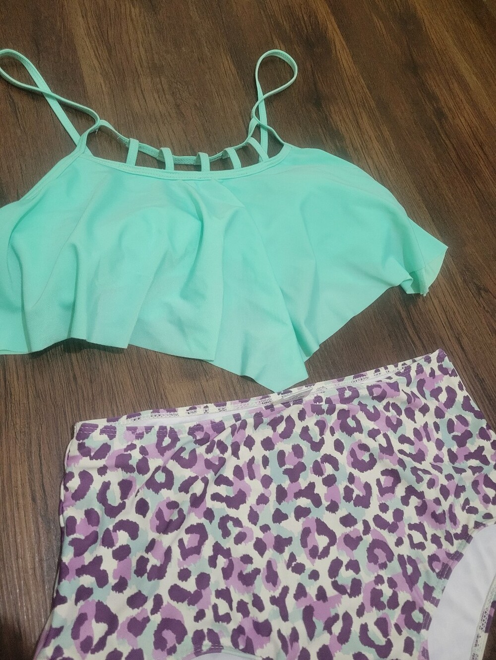 Mint Green Ruffle Bandeau Top with Purple Leopard Briefs